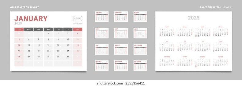 Set of 12 Pages Monthly Calendar Planner Templates and annual. Vector layout of a wall or desktop calendar with the week starting on Sunday ready for printing. Page size Letter -8.5x11