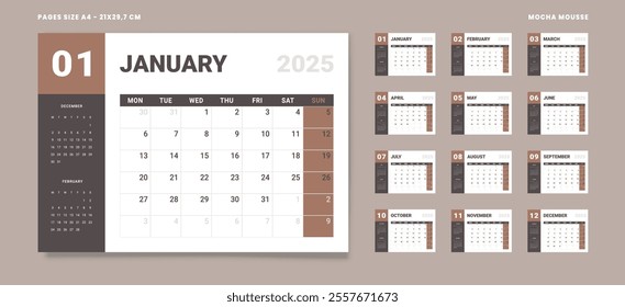 Set of 12 Pages Monthly Calendar Planner Templates on 2025. Vector mockup of wall or desktop calendar with the week start on Monday for print. Pages size A4 21x29.7cm