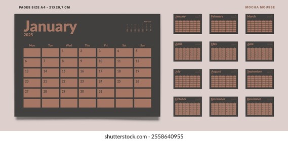 Set of 12 Pages Monthly Calendar Planner Templates on 2025. Vector mockup of wall or desktop calendar with the week start on Monday for print. Pages size A4 21x29.7cm