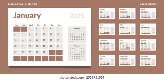 Set of 12 Pages Monthly Calendar Planner Templates on 2025. Vector mockup of wall or desktop calendar with the week start on Monday for print. Pages size A4 21x29.7cm