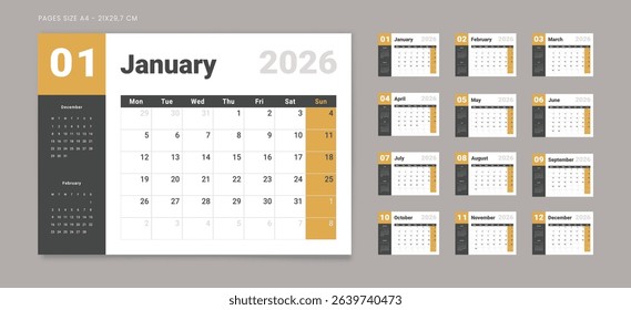 Set of 12 Pages Monthly Calendar Planner Templates on 2026 year. Vector mockup of a wall or desktop calendar with the week starting on Monday for printing. Page for size A4 -21x29.7 cm