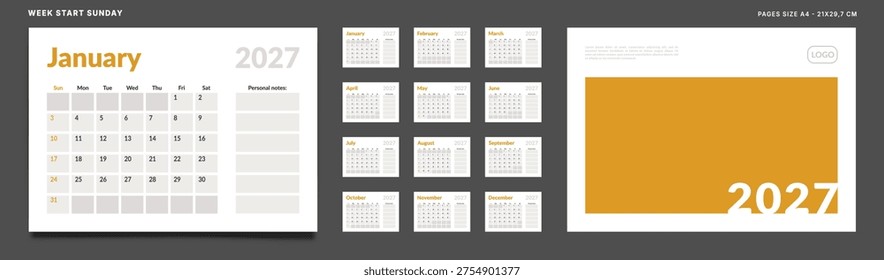 Set 12 Pages Monthly Calendar Planner Templates 2027 year, Cover with Place for Photo and Company Logo. Vector layout wall, desk calendar grid for print. Week start Sunday. Page mockup size A4