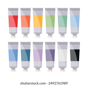 Set of 12 paint tubes. Colorful oil or watercolor paints. Artist equipment icons. Vector illustration