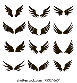 Set of 12 pairs of black vector wings on a white background