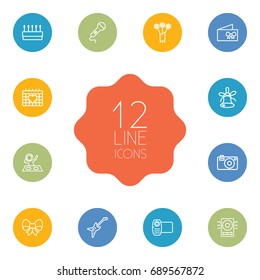 Set Of 12 Party Outline Icons Set.Collection Of Bow, Flower, Decorative And Other Elements.