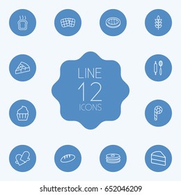 Set Of 12 Pastry Outline Icons Set.Collection Of Gloves, Pizza, Toast And Other Elements.
