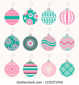 Set of 12 patterned vector Christmas ball ornaments with hooks in vintage pink and blue-green color scheme