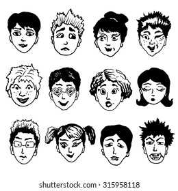Set of 12 people faces with different emotions. Backgrounds & textures shop.