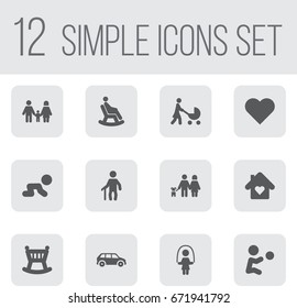 Set Of 12 People Icons Set.Collection Of Relatives, Perambulator, Playing And Other Elements.
