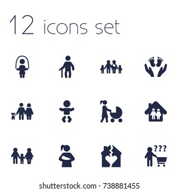 Set Of 12 People Icons Set.Collection Of Child, Stroller, Look After And Other Elements.