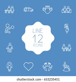 Set Of 12 People Outline Icons Set.Collection Of Skipping Rope, Man In Armchair, Family And Other Elements.