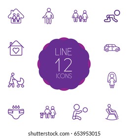 Set Of 12 People Outline Icons Set.Collection Of Skipping Rope, Car, Crawling Kid And Other Elements.