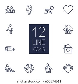 Set Of 12 People Outline Icons Set.Collection Of Couple, Crawling Kid, Playing And Other Elements.