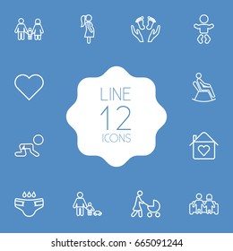 Set Of 12 People Outline Icons Set.Collection Of Diaper, Playing, Home And Other Elements.