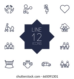 Set Of 12 People Outline Icons Set.Collection Of Care, Crib, Family And Other Elements.