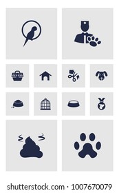 Set of 12 pets icons set. Collection of puppy, bowl, parrot and other elements.