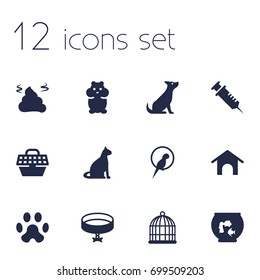 Set Of 12 Pets Icons Set.Collection Of Footprint, Birdcage, Home And Other Elements.