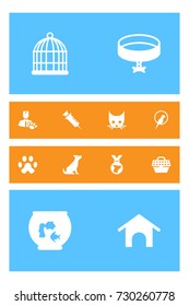 Set Of 12 Pets Icons Set.Collection Of Pet Crate, Bird, Dog And Other Elements.