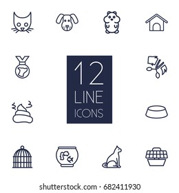 Set Of 12 Pets Outline Icons Set.Collection Of Hamster, Pile Of Poo, Cat And Other Elements.