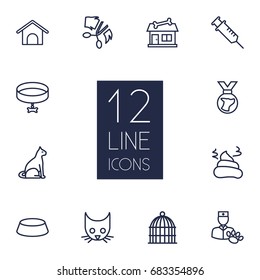 Set Of 12 Pets Outline Icons Set.Collection Of Medal, Head, Collar And Other Elements.