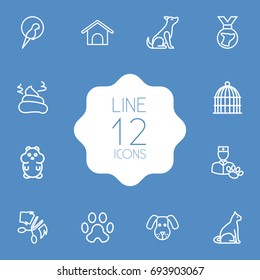 Set Of 12 pets Outline Icons Set.Collection Of Bird cage, Pile Of Poo, Grooming And Other Elements.