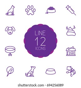 Set Of 12 Pets Outline Icons Set.Collection Of Dog, Bowl, Cat And Other Elements.