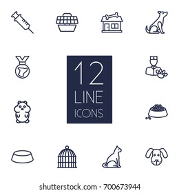 Set Of 12 Pets Outline Icons Set.Collection Of Sitting, Hamster, Shop And Other Elements.