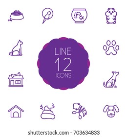Set Of 12 Pets Outline Icons Set.Collection Of Kennel, Cat, Sitting And Other Elements.