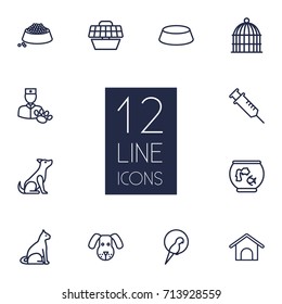 Set Of 12 Pets Outline Icons Set.Collection Of Vaccination, Bird Prison, Kennel And Other Elements.
