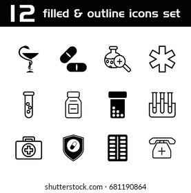 Set of 12 pharmacy filled and outline icons such as pill, health insurance, medicine, medical sign, test tube, medical phone, test tube search, bottle pills