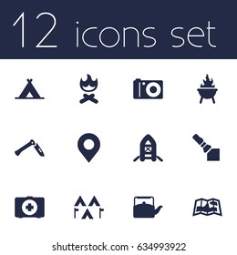 Set Of 12 Picnic Icons Set.Collection Of Camp, Jackknife, Map And Other Elements.