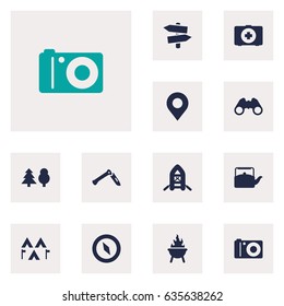 Set Of 12 Picnic Icons Set.Collection Of Kettle, Magnet Navigatior, Bbq And Other Elements.