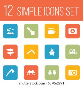 Set Of 12 Picnic Icons Set.Collection Of Jackknife, Tree, First Aid Box And Other Elements.