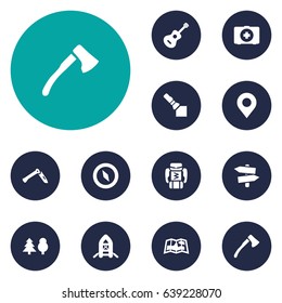 Set Of 12 Picnic Icons Set.Collection Of Flashlight, Wood Axe, Magnet Navigatior And Other Elements.