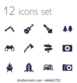 Set Of 12 Picnic Icons Set.Collection Of Optical Zoom, Flashlight, Signpost And Other Elements.