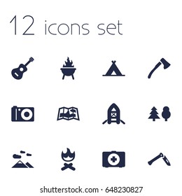 Set Of 12 Picnic Icons Set.Collection Of Bbq, Wood Axe, Acoustic And Other Elements.