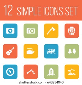 Set Of 12 Picnic Icons Set.Collection Of Map, Magnet Navigatior, Kettle And Other Elements.
