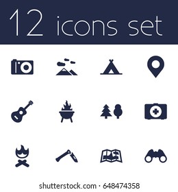 Set Of 12 Picnic Icons Set.Collection Of Tree, Optical Zoom, Bbq And Other Elements.