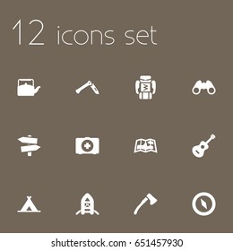 Set Of 12 Picnic Icons Set.Collection Of Acoustic, Optical Zoom, Kettle And Other Elements.