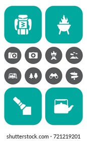 Set Of 12 Picnic Icons Set.Collection Of Bbq, Kettle, Photo Camera And Other Elements.