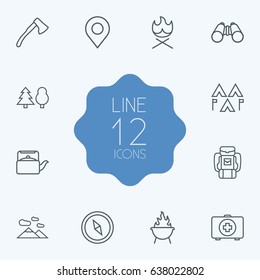 Set Of 12 Picnic Outline Icons Set.Collection Of Baggage, Forest, Medical Kit And Other Elements.
