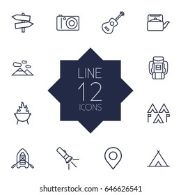 Set Of 12 Picnic Outline Icons Set.Collection Of Shelter, Photographing, Grill And Other Elements.