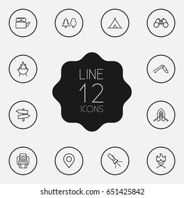 Set Of 12 Picnic Outline Icons Set.Collection Of Rubber Boat, Binoculars, Forest And Other Elements.