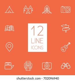 Set Of 12 Picnic Outline Icons Set.Collection Of Encampment, Place Pointer, Medical Kit And Other Elements.