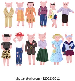 Set of 12 pig characters wearing fashionable outfits  as decorative elements in flat style.