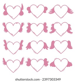 Conjunto de 12 corazones rosados con diferentes alas. Un corazón con alas. Diferentes alas. Elementos Doodle
