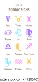 Set of 12 pixel art astrological sign icons isolated on white background. Aquarius, gemini, libra, aries, pisces, virgo, sagittarius, taurus, capricorn, cancer, scorpio, leo zodiac horoscope symbols.