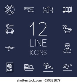 Set Of 12 Plane Outline Icons Set.Collection Of Pilot, Cafe, Flight And Other Elements.