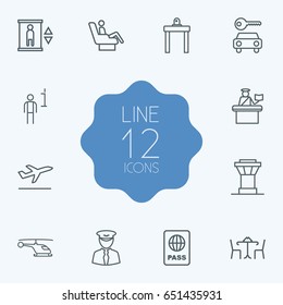 Set Of 12 Plane Outline Icons Set.Collection Of Pilot, Car Rent, Business Class And Other Elements.