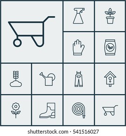 Set Of 12 Planting Icons. Includes Birdhouse, Rubber Boot, Garden Clothes And Other Symbols. Beautiful Design Elements.